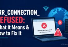 ERR_CONNECTION_REFUSED: What It Means & How to Fix It A laptop screen showing a generic browser error page, person looking at it with a thoughtful expression