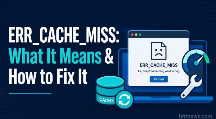 ERR_CACHE_MISS: What It Means & How to Fix It A laptop screen showing a generic browser reload icon, person's hand on the trackpad