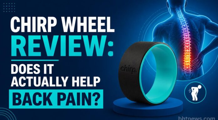 Chirp Wheel Review: Does It Actually Help Back Pain? A person using a curved back-stretching wheel on a yoga mat in a bright home setting