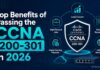 Top Benefits of Passing the CCNA 200-301 in 2026 A person studying network diagrams on a laptop with a notebook of subnet calculations nearby, focused study session