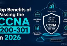 Top Benefits of Passing the CCNA 200-301 in 2026 A person studying network diagrams on a laptop with a notebook of subnet calculations nearby, focused study session