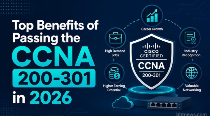 Top Benefits of Passing the CCNA 200-301 in 2026 A person studying network diagrams on a laptop with a notebook of subnet calculations nearby, focused study session