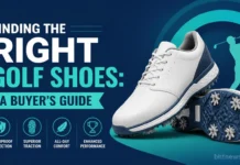Finding the Right Golf Shoes: A Buyer’s Guide A golfer mid-swing on a sunny course, close-up on footwork and stance