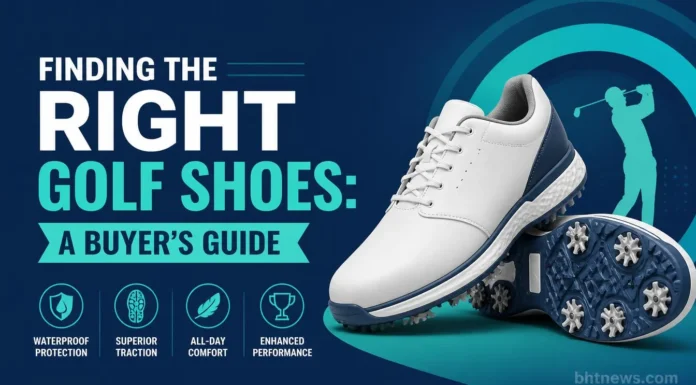 Finding the Right Golf Shoes: A Buyer’s Guide A golfer mid-swing on a sunny course, close-up on footwork and stance