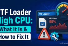 CTF Loader High CPU: What It Is & How to Fix It A Windows Task Manager window showing process CPU usage, laptop screen close-up