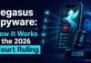 Pegasus Spyware: How It Works & the 2026 Court Ruling A smartphone on a dark surface with a subtle digital security/shield overlay graphic, representing device security
