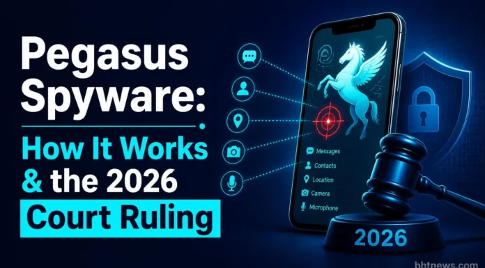 Pegasus Spyware: How It Works & the 2026 Court Ruling A smartphone on a dark surface with a subtle digital security/shield overlay graphic, representing device security