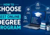 How to Choose the Best Online Degree Program A student comparing university websites on a laptop, thoughtful expression, home study setting