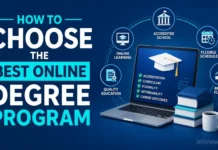 How to Choose the Best Online Degree Program A student comparing university websites on a laptop, thoughtful expression, home study setting