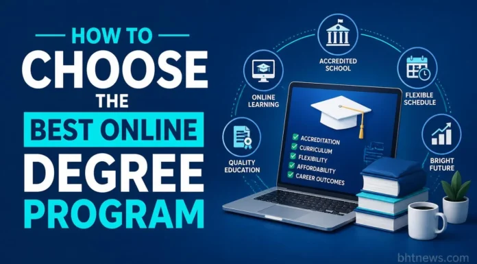 How to Choose the Best Online Degree Program A student comparing university websites on a laptop, thoughtful expression, home study setting