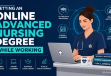 Getting an Online Advanced Nursing Degree While Working A nurse in scrubs studying on a laptop during a break, hospital break room setting