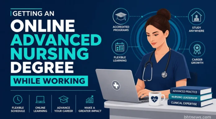 Getting an Online Advanced Nursing Degree While Working A nurse in scrubs studying on a laptop during a break, hospital break room setting
