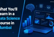 What You’ll Learn in a Data Science Course in Mumbai A student working on data visualizations and charts on a laptop in a modern classroom or co-working space