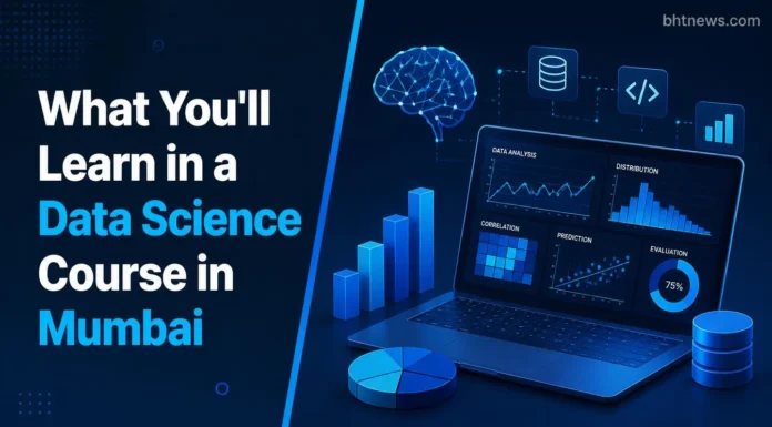What You’ll Learn in a Data Science Course in Mumbai A student working on data visualizations and charts on a laptop in a modern classroom or co-working space