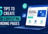 5 Tips to Create High-Converting Landing Pages A marketer reviewing a landing page layout on a large monitor, analytics dashboard visible