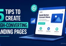 5 Tips to Create High-Converting Landing Pages A marketer reviewing a landing page layout on a large monitor, analytics dashboard visible