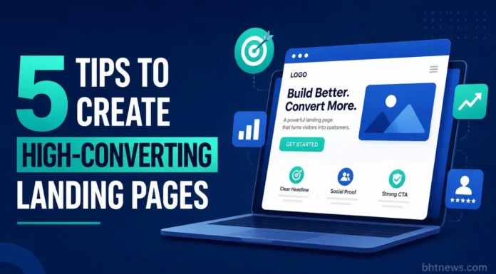 5 Tips to Create High-Converting Landing Pages A marketer reviewing a landing page layout on a large monitor, analytics dashboard visible