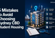 5 Mistakes to Avoid When Choosing Sydney CBD Student Housing A student walking through Sydney's CBD with city buildings and harbor glimpses in the background, daytime