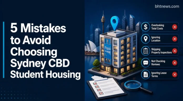 5 Mistakes to Avoid When Choosing Sydney CBD Student Housing A student walking through Sydney's CBD with city buildings and harbor glimpses in the background, daytime