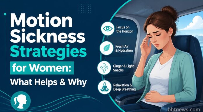 Motion Sickness Strategies for Women: What Helps & Why A woman looking out a car window at the horizon on a road trip, calm expression, daylight