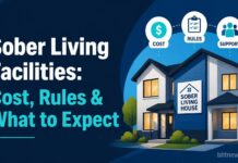 Sober Living Facilities: Cost, Rules & What to Expect A warm, welcoming shared living room in a residential home, soft natural light, a few people chatting
