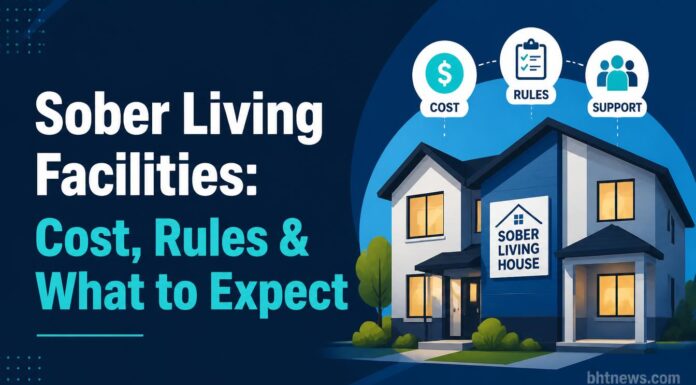 Sober Living Facilities: Cost, Rules & What to Expect A warm, welcoming shared living room in a residential home, soft natural light, a few people chatting