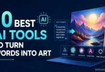 10 Best AI Tools to Turn Words Into Art (2026 Free & Paid) ai tools turn words into art, A digital illustration showing a glowing computer screen or abstract workspace where text prompts transform into vibrant, multi-style artwork, surrounded by floating icons representing AI generation tools.