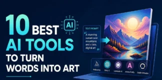 ai tools turn words into art, A digital illustration showing a glowing computer screen or abstract workspace where text prompts transform into vibrant, multi-style artwork, surrounded by floating icons representing AI generation tools.