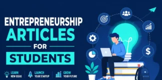 entrepreneurship articles for students, Student reading an entrepreneurship article at a library table with a notebook of ideas