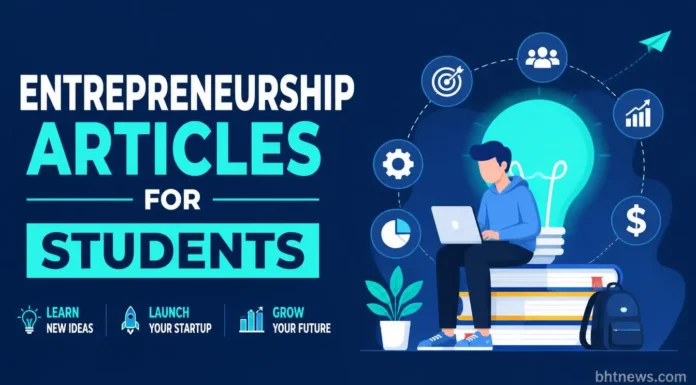Entrepreneurship Articles For Students: 10 Best Reads entrepreneurship articles for students, Student reading an entrepreneurship article at a library table with a notebook of ideas