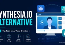 Synthesia io Alternative: 8 Free & Paid Options (2026) synthesia io alternative, Laptop with a video editor and a stylized presenter silhouette beside plan cards