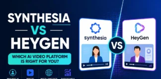 synthesia vs heygen, Two laptops showing different AI presenter video editors side by side
